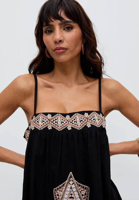 Sapphire-Embroidered Black Maxi Dress with Spaghetti Straps