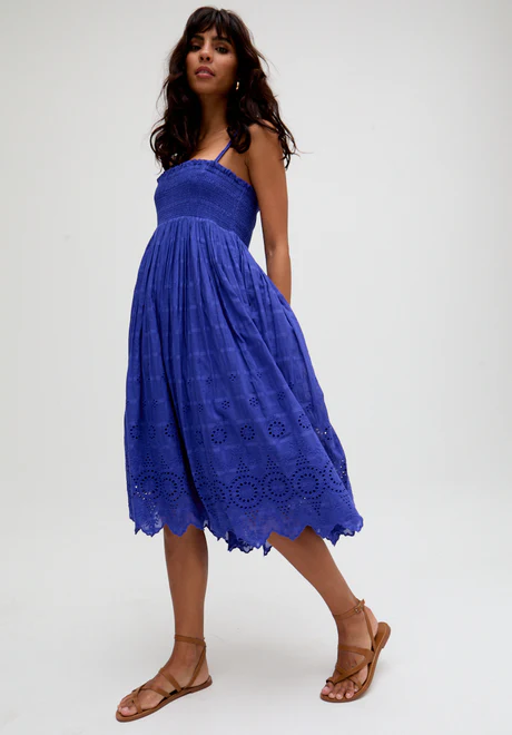Blue Embroidered Midi Dress with Detachable Straps